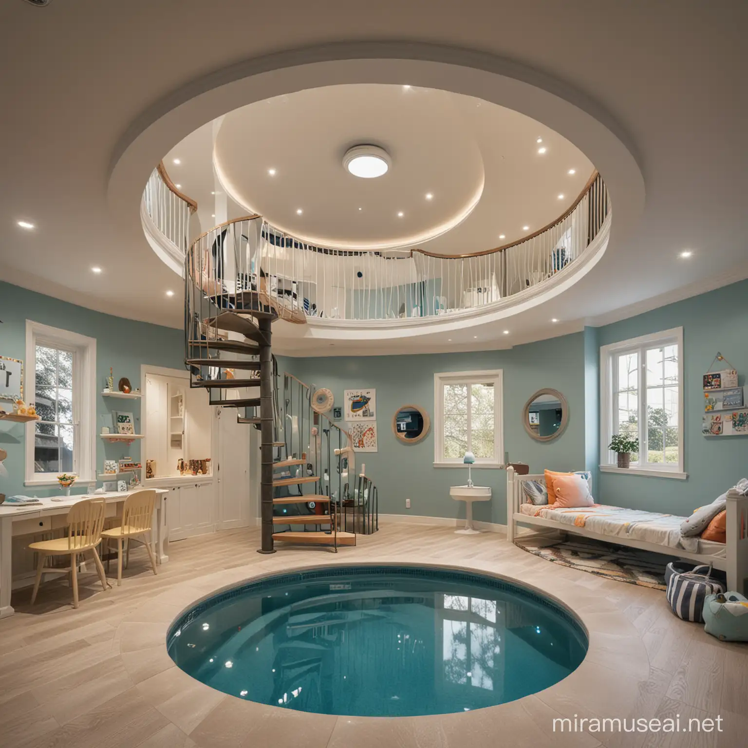 kids room with a spiral staircase in a middle of room and round window of a size of wall and a swimming pool night vision

