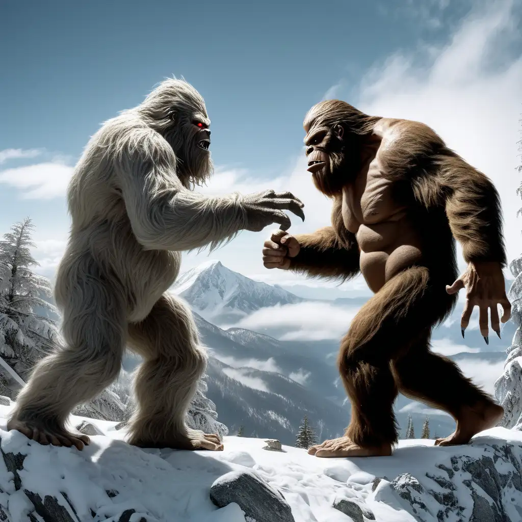 bigfoot vs yeti fight in top of a mountain