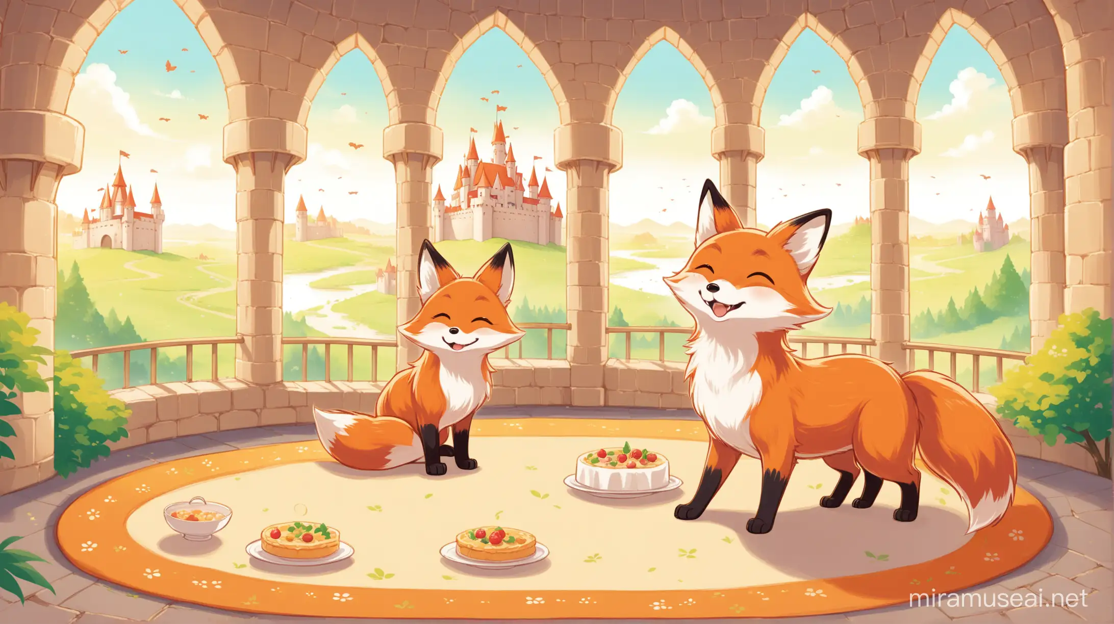吉普力风格，儿童童书，插画，16：9，可爱，全景展现城堡内部，狐狸与小狐狸嬉戏，享受美食，仿佛外界纷争与之无关。母狐狸在一旁微笑观看，画面温馨和谐。。背景是白色。