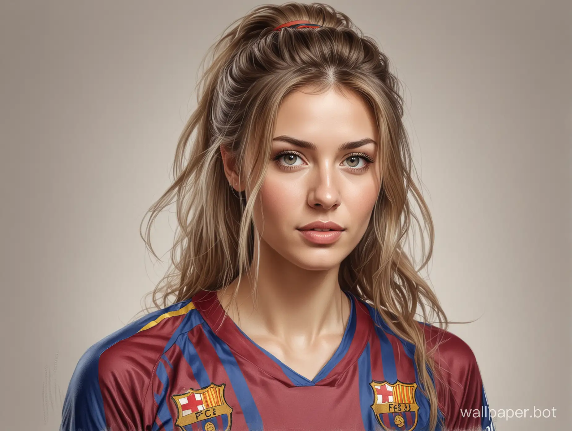 Sketch of Svetlana Leonova, 25 years old, cascading hairstyle, 6th breast size, narrow waist in the form of Barcelona's soccer team, white background, masterpiece photo, portrait.