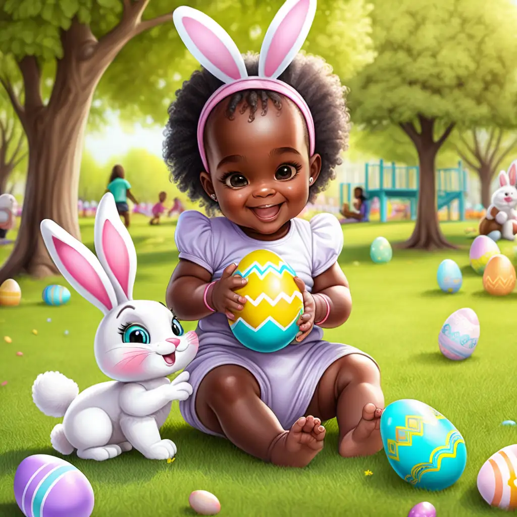 Joyful Easter Playtime Cute Black Baby Girl with the Easter Bunny in the Park