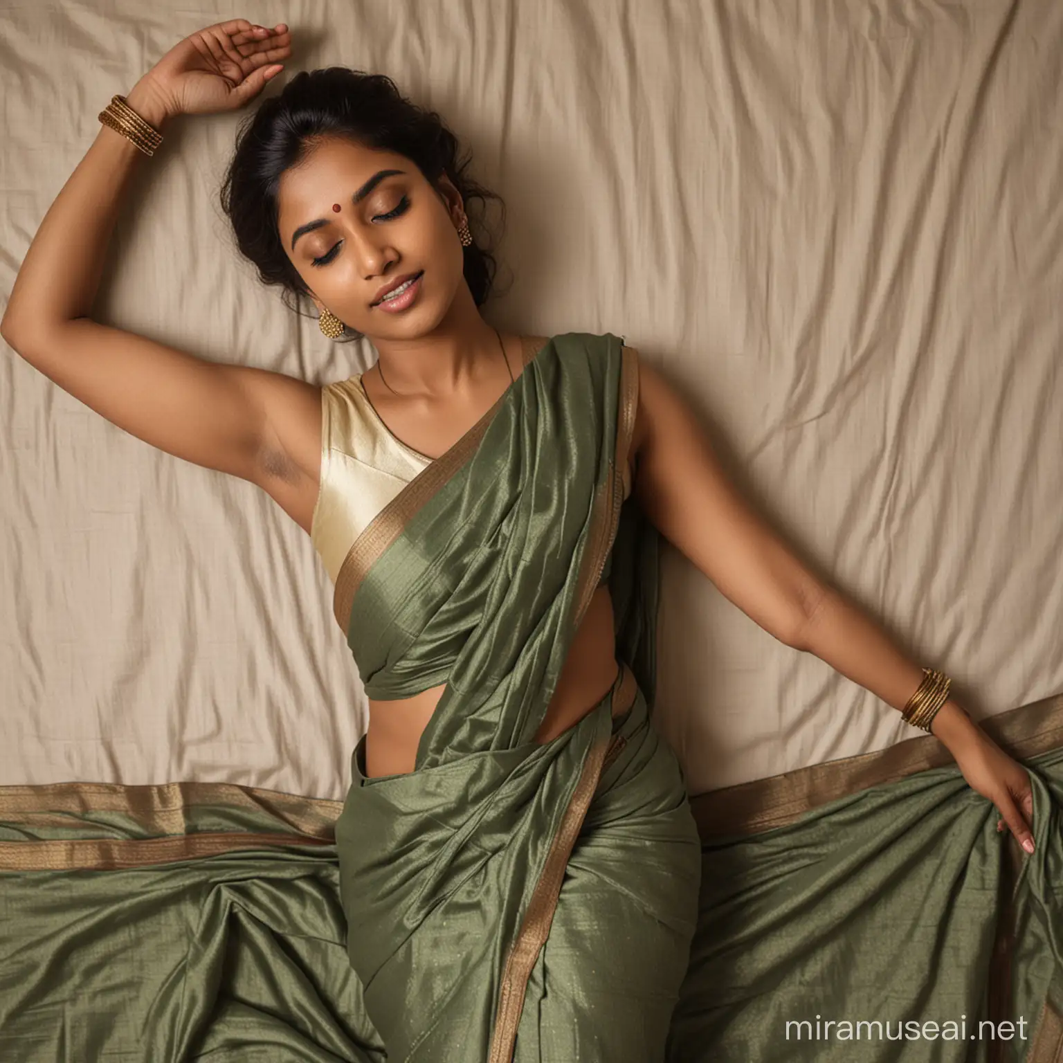 Indian women,darker skin,both arms up, sleeveless saree, sleeping on bed