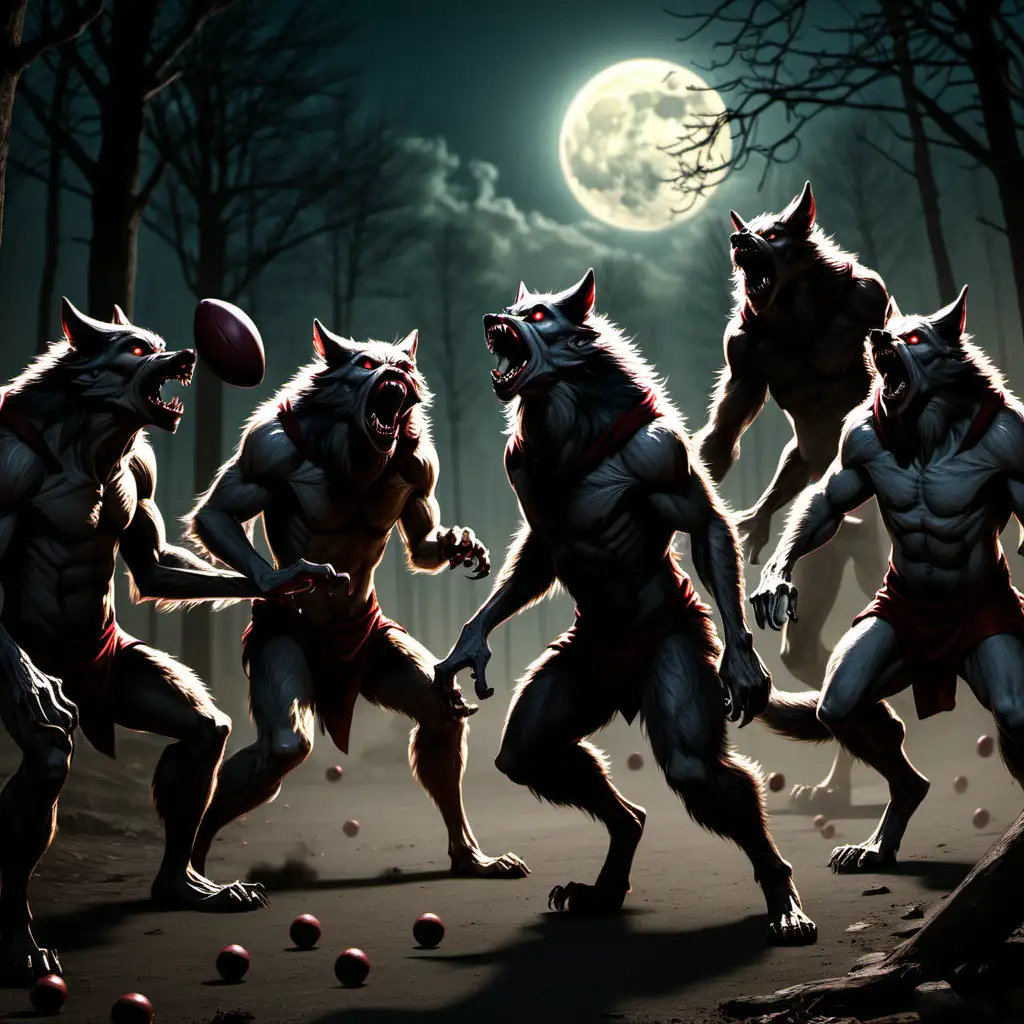 Werewolf Pack Enjoying a Game of Fetch in Moonlit Forest