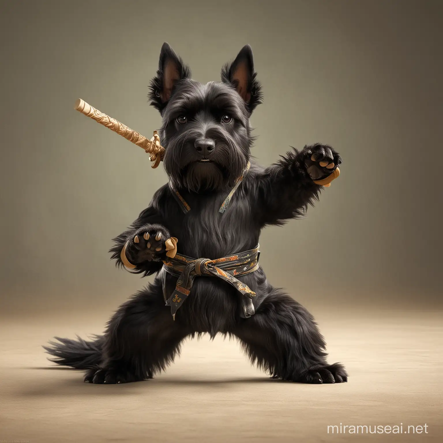 Kung Fu Panda Style Scottish Terrier Playful Black Dog in Martial Arts Pose