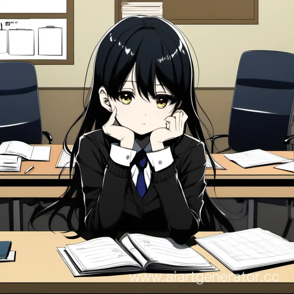 Темноволосая девушка в черной сидит за партой одна скучая с классе. Кариннка в стиле аниме