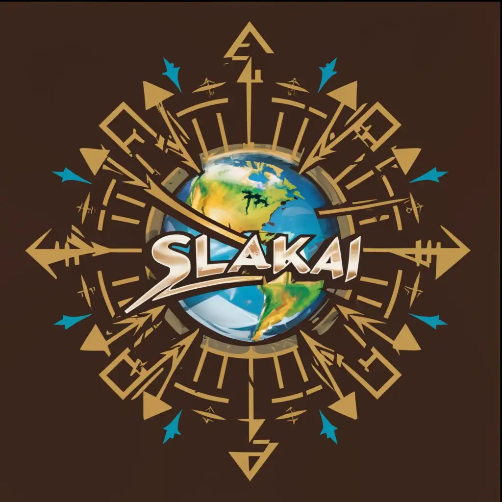 logo, logo with an arrow pointing outward from the center every 45 degrees, starting at 0 degrees, with a glass globe in the center with earth inside, colored in earth tones, with the text 'SLAKAI' in thin tall font, with the text "S L A K A I", typography, be used in Entertainment industry