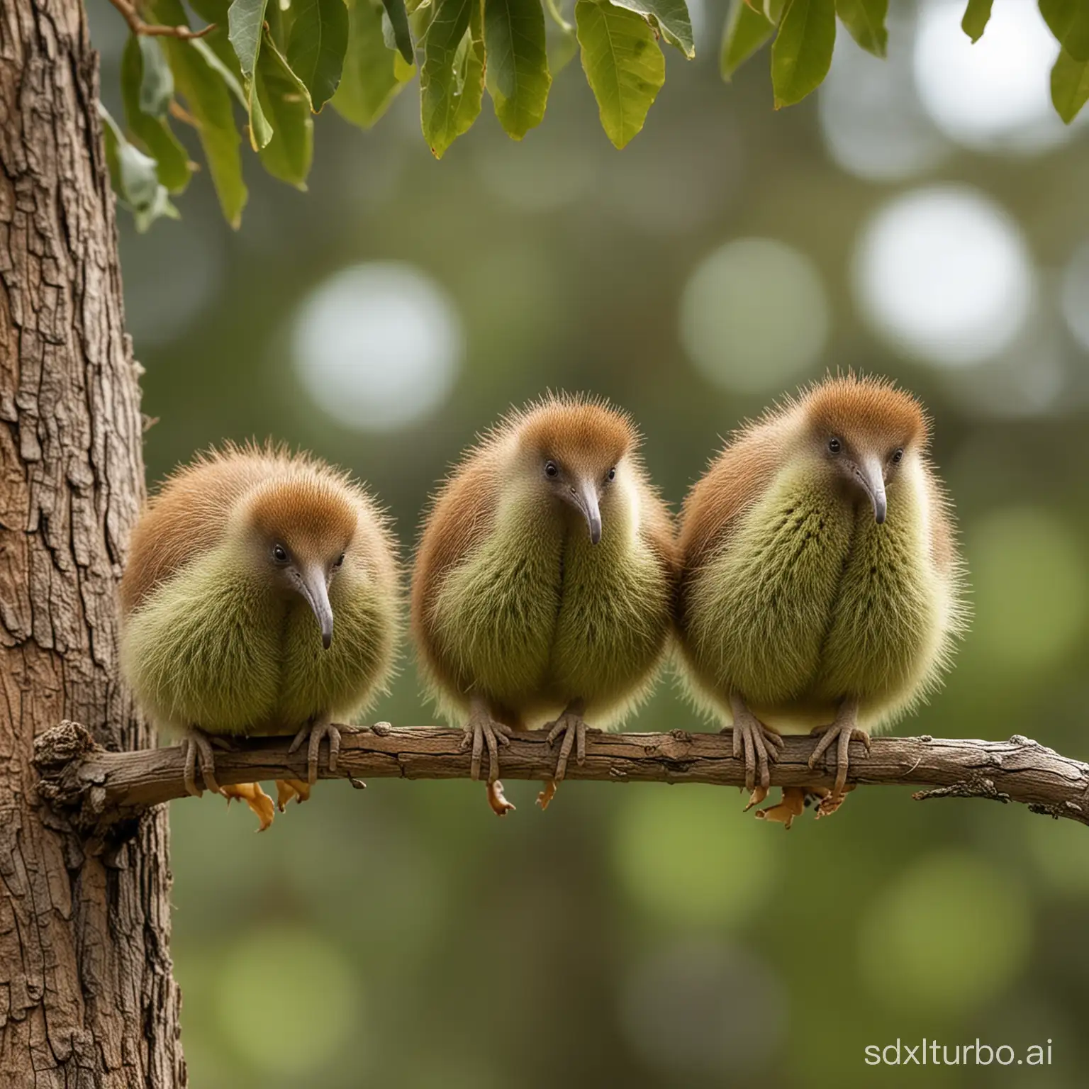 3 Kiwi birds with 6 legs, on a nut tree, looking for nuts, and eating nuts