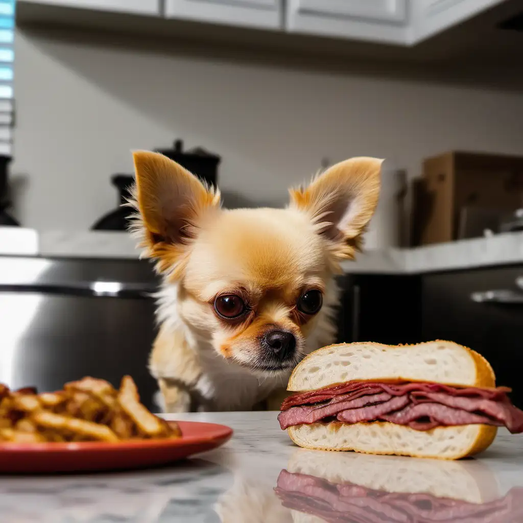 small dog looking at a pastrami sandwich on the kitchen counter