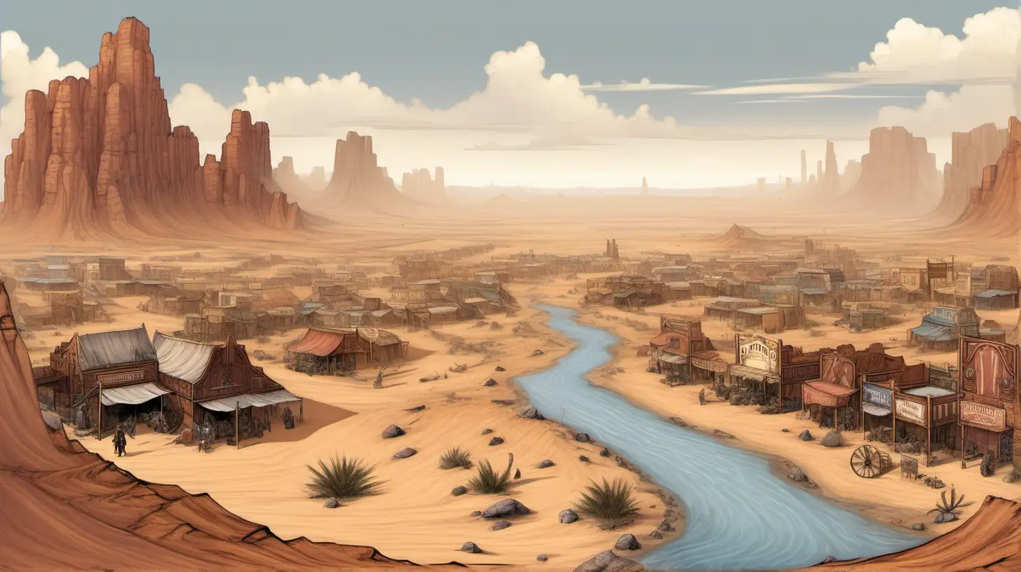 a pathfinder 2e desert, with a bluff, a small stream, and a small old west style town in the distance in the middle