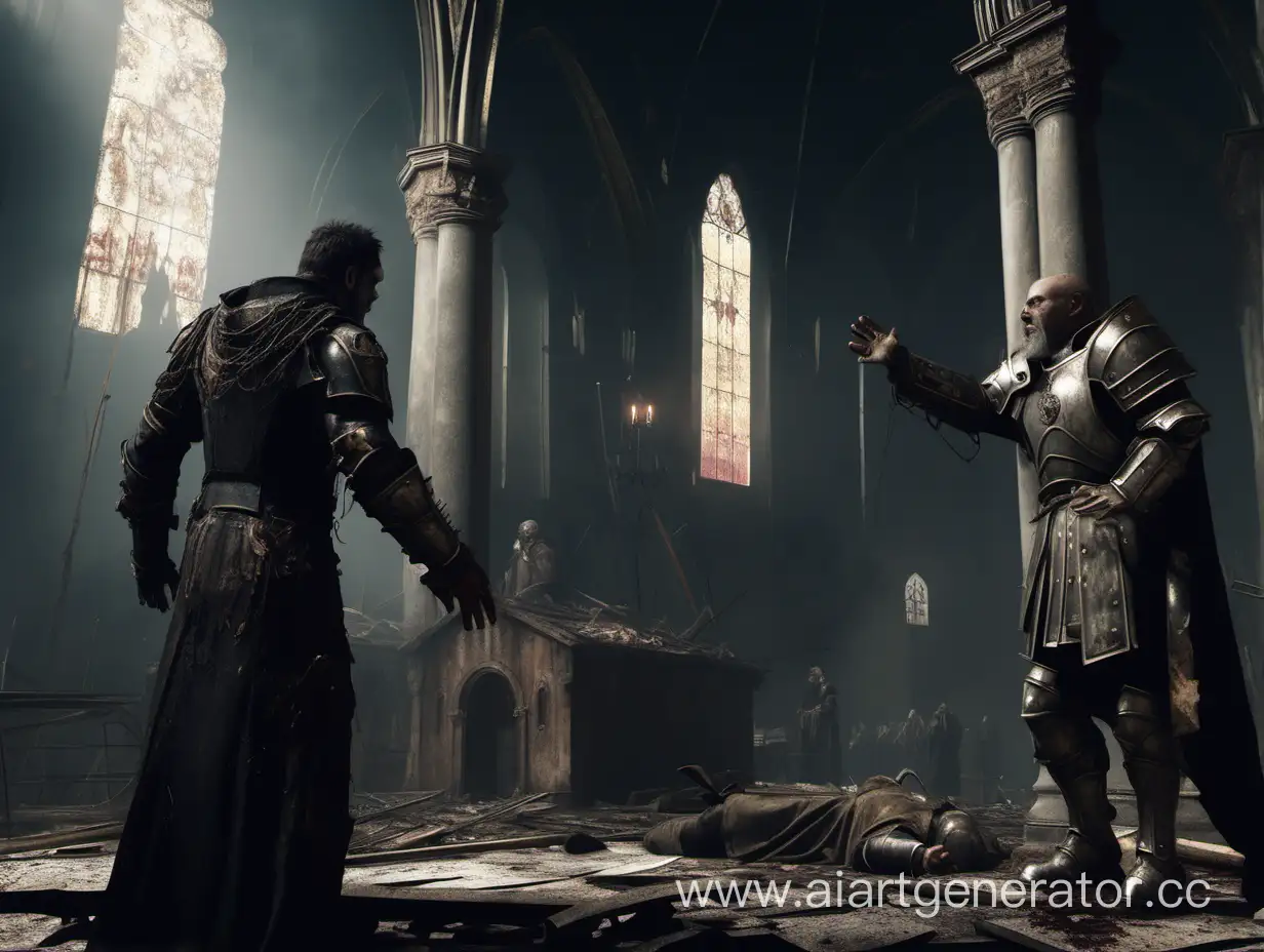 dilapidated dark church, man in armor are trying to grab the priest, 4k, ultra-realistic, high detail