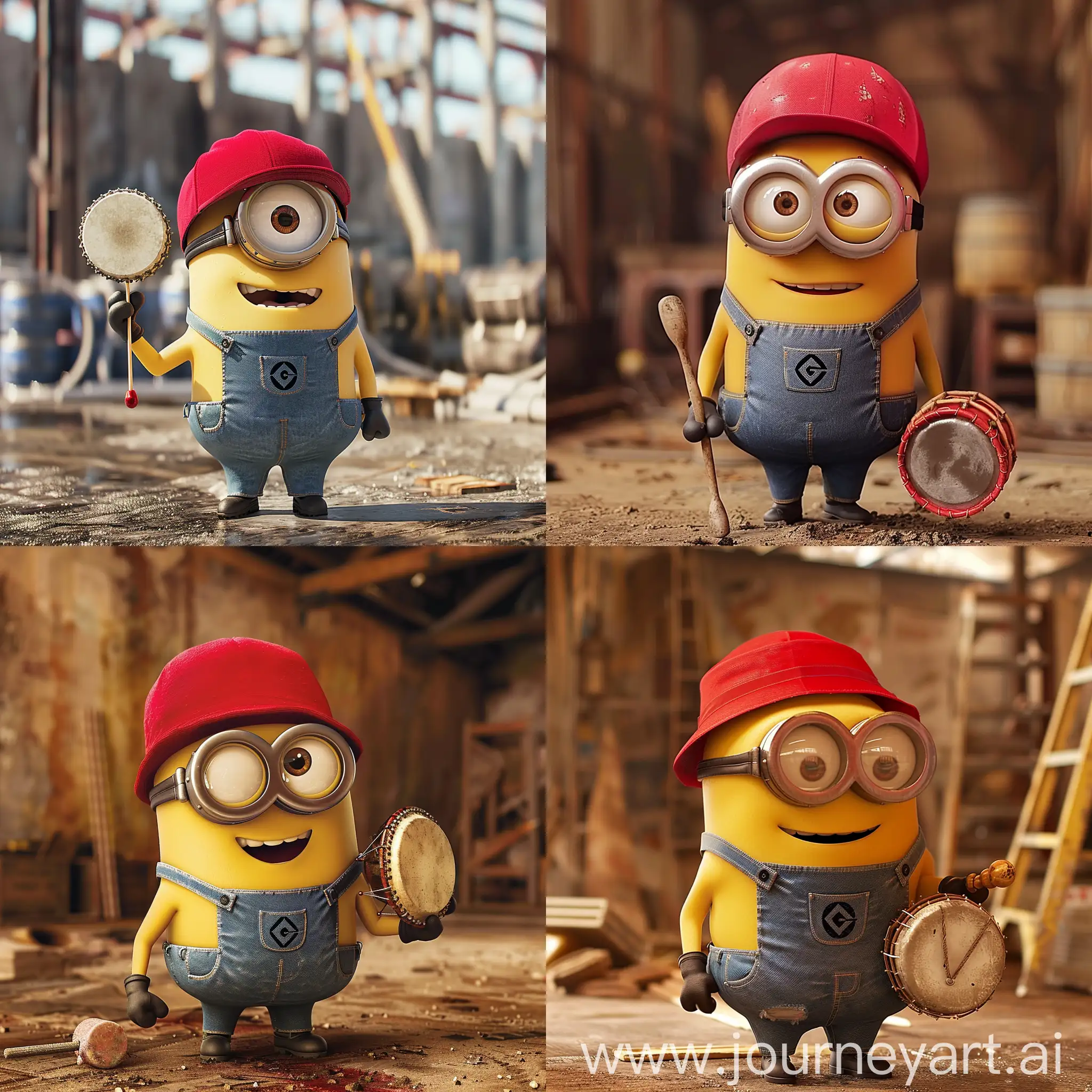 Cheerful-Minion-Playing-Tambourine-in-Work-Clothes