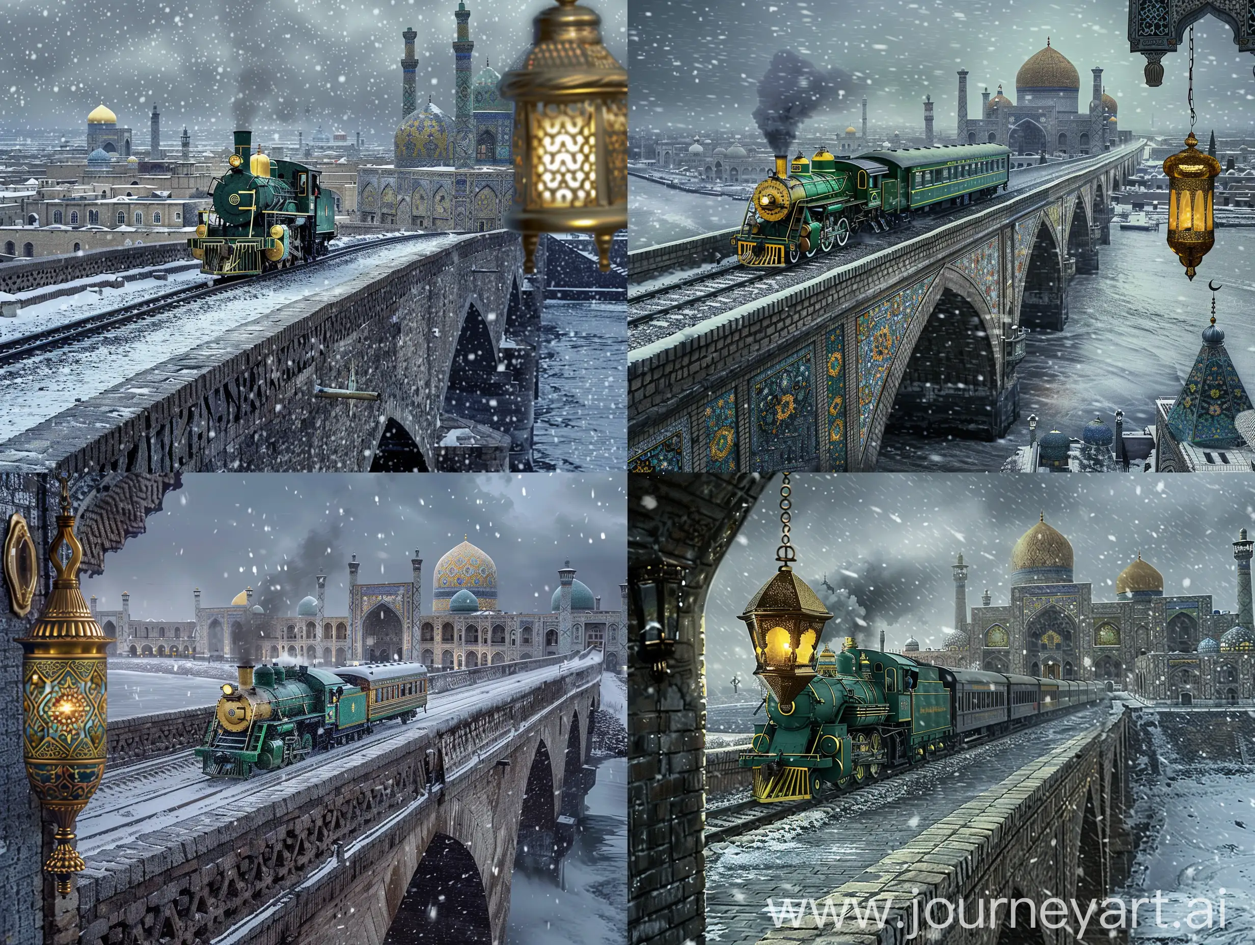 Cinematic photo: A stonebridge going towards into a seafront city, a green golden steam engine train moving on the bridge towards the middle of city, in the background is the wide seafront city of floral Persian tiled Uzbekistan mosques and Isfahan Safavid architectures all having floral persian tile exterior and gold ornaments, dark grey dramatic weather, snowfall, a glorious islamic lamp hanging on side of the image --ar 4:3