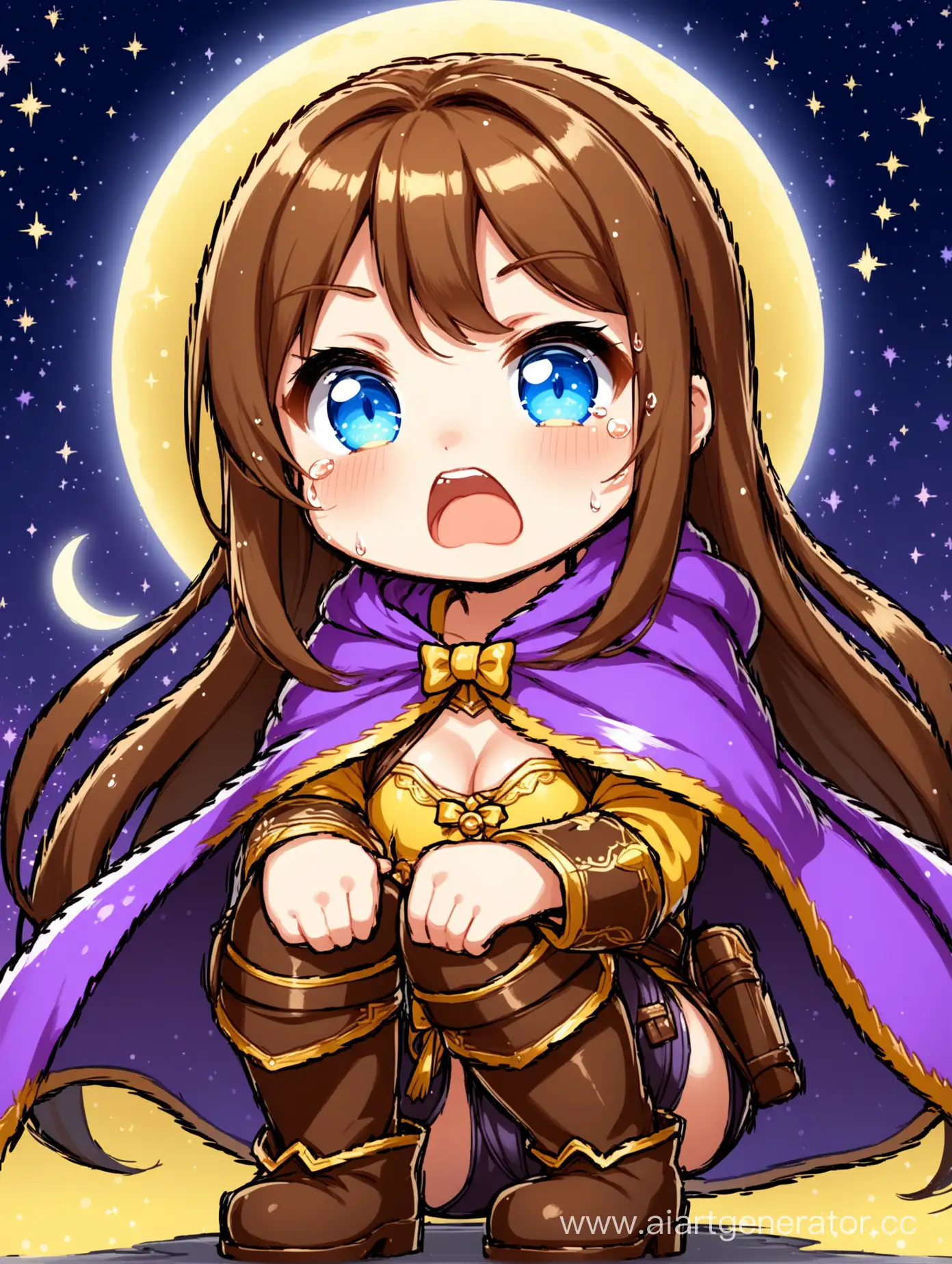 Burst with tears, shouting but very funny female adventurer with long brown hair and with the bangs, with blue eyes, she is wearing a long yellow and purple cloak and high boots, her figure is curve, she armed with a bow for shooting against a night moon), siting on her knees , close-up, chibi style.