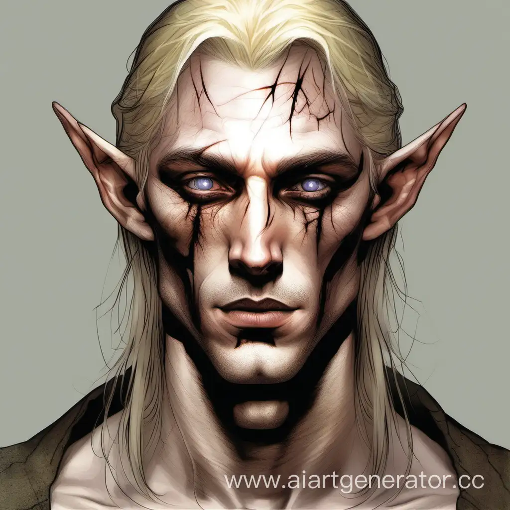 Man. The pale elf is blond. There is a burn scar on his left cheek. There is a deep scar in the right eye. The eye looks painful . A little stubble.