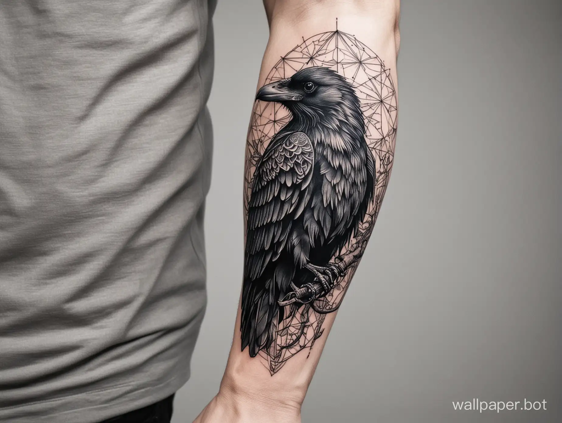 Geometric-Black-Raven-Tattoo-Design-for-Male-Arm
