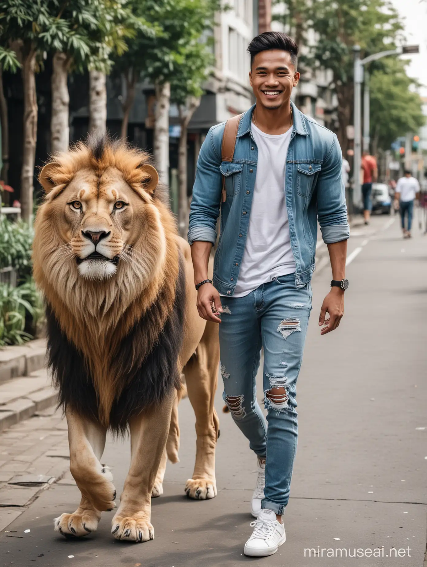 Seorang lelaki tampan indonesia tersenyum tipis, pakaian trendy, celana jeans robek, sepatu sport, sedang berjalan berdampingan dengan seekor singa di dalam kota, foto full body