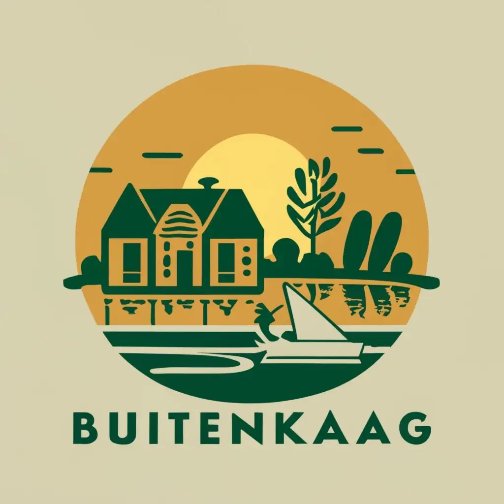 LOGO-Design-For-Village-Council-Buitenkaag-Tranquil-Lake-Scene-with-Sailing-Boat-and-Cyclist-in-Green-and-Yellow-Palette