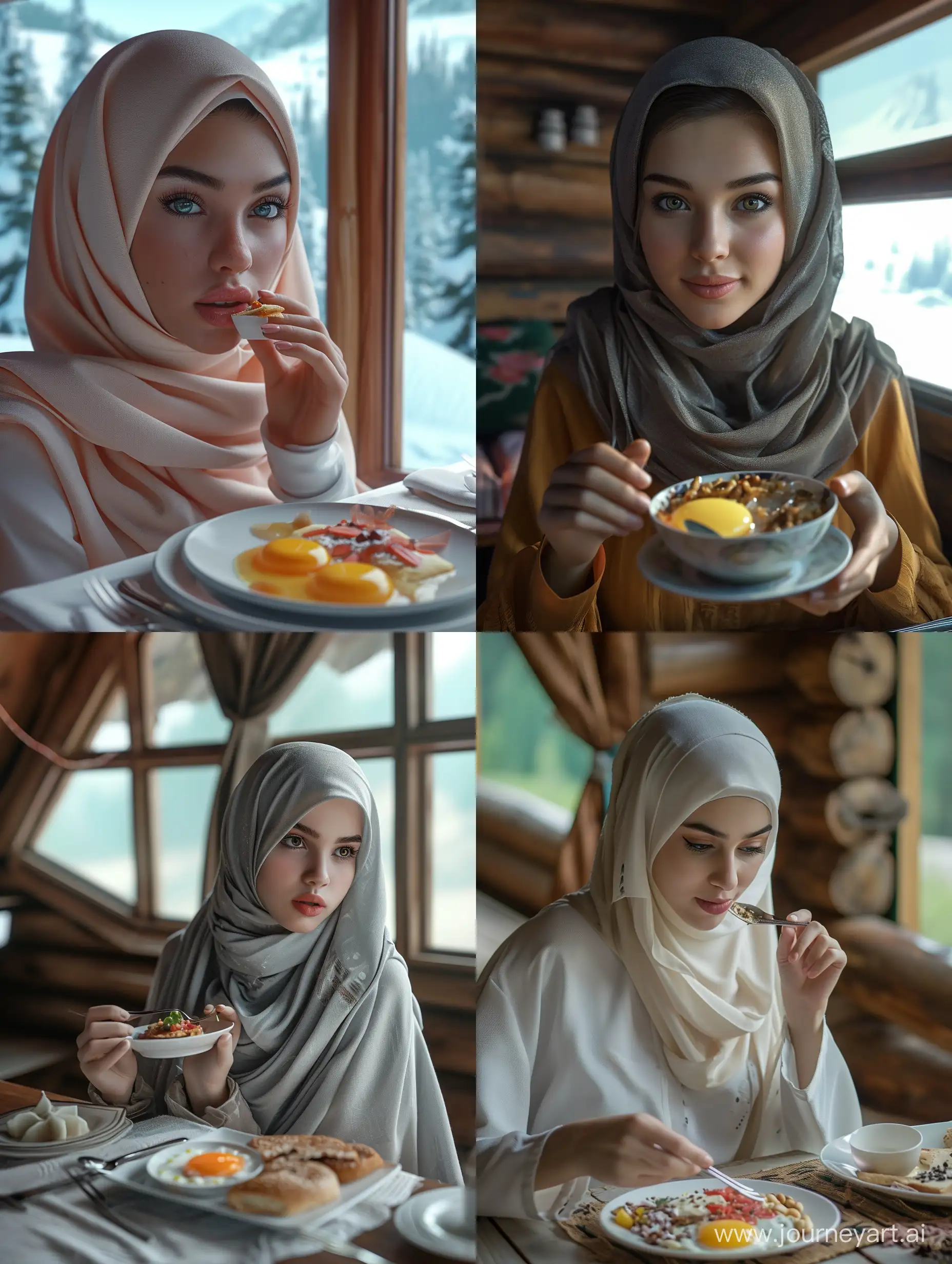 close up, beautyful muslim girl eating breakfast in a cabin, symmetrical balance, hyper-realistic --ar 3:4 --style raw