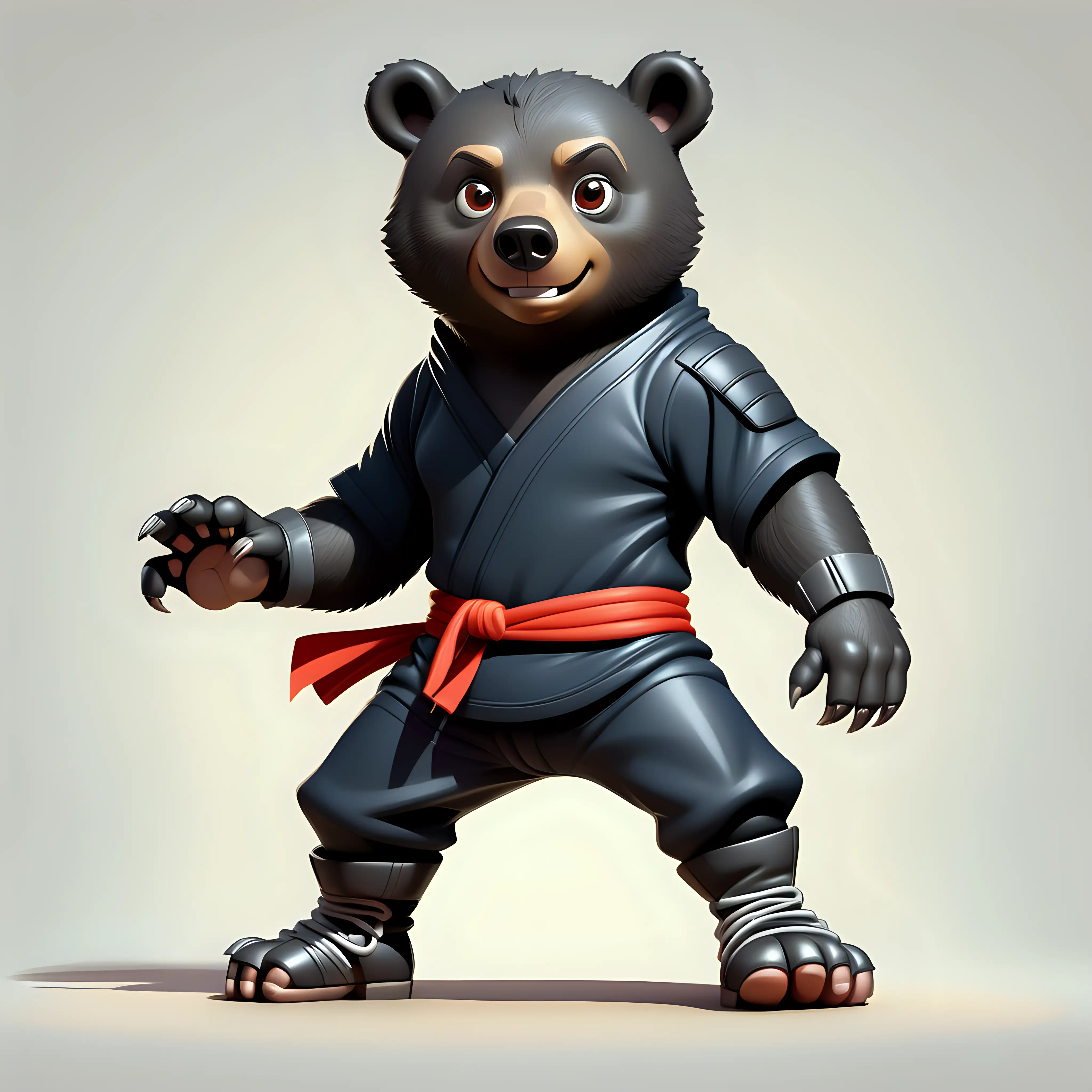 illustrate a black bear with two foot in cartoon style with ninja clothes with boots with clear background