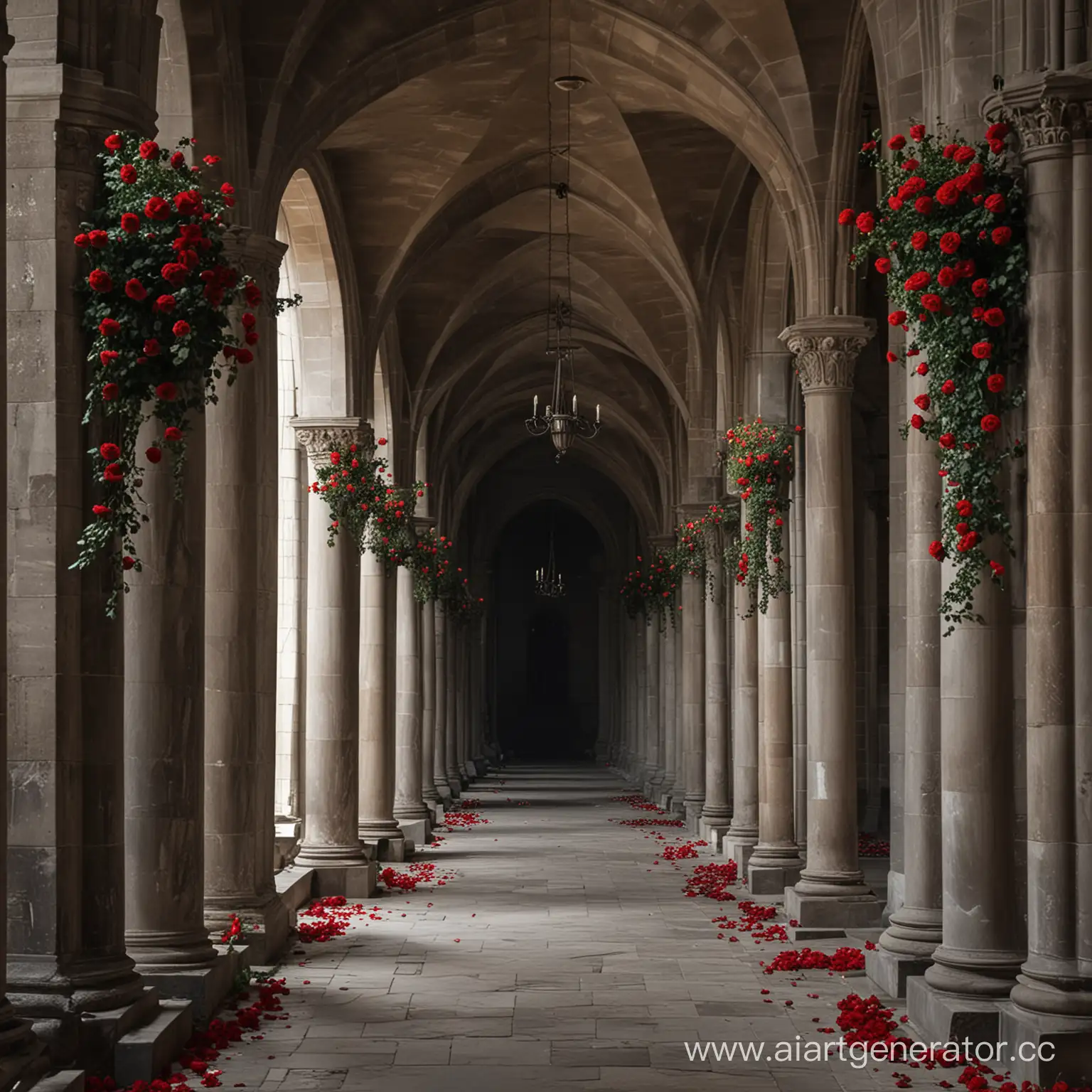 зал темной церкви с розами на столбах