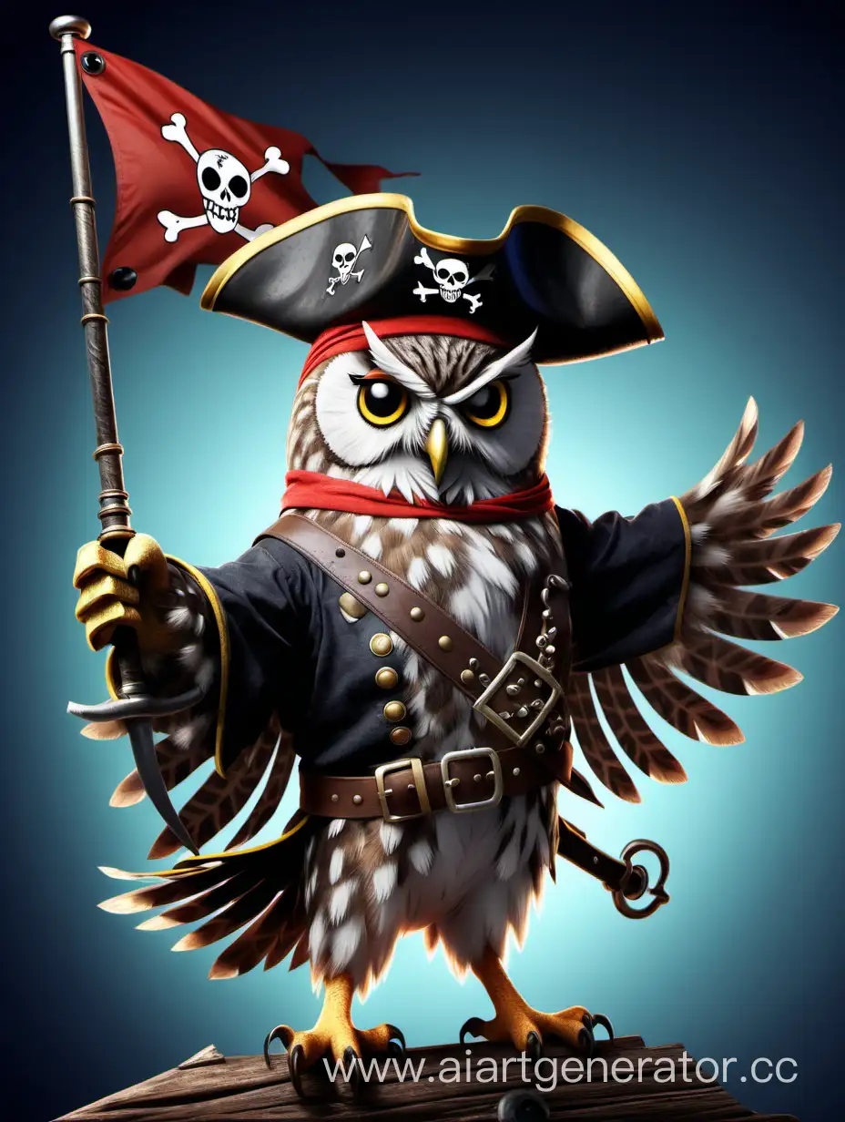 an owl with a pirate flag on the background rejoices