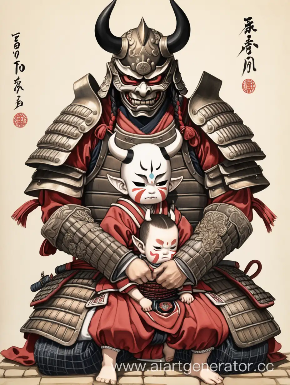Ancient-Samurai-in-Demon-Mask-Embracing-a-Child