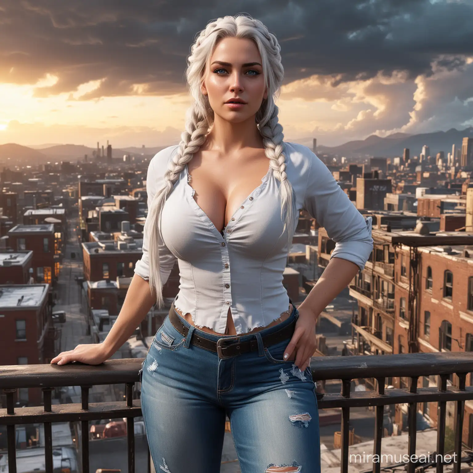 Fierce Woman with Hourglass Figure Standing on Rooftop Overlooking Fallout 4 Cityscape at Sunset