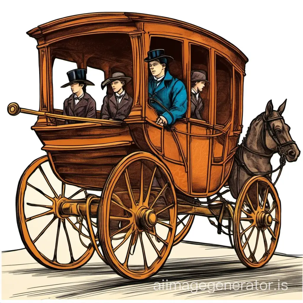 the student is riding on a stagecoach