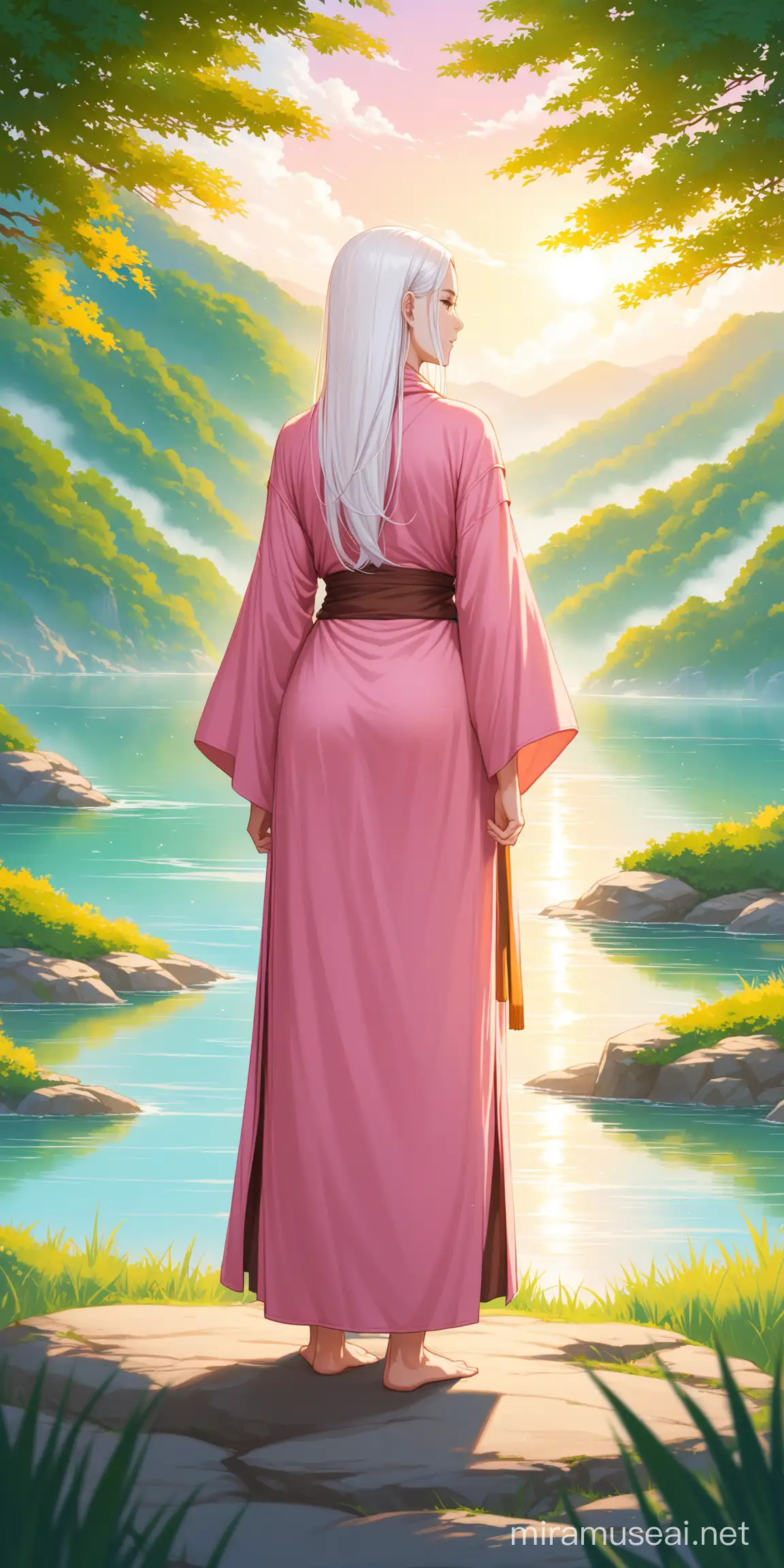 Female, calm, warrior monk, white and pink robe, white hair, standing, long hair, nature background