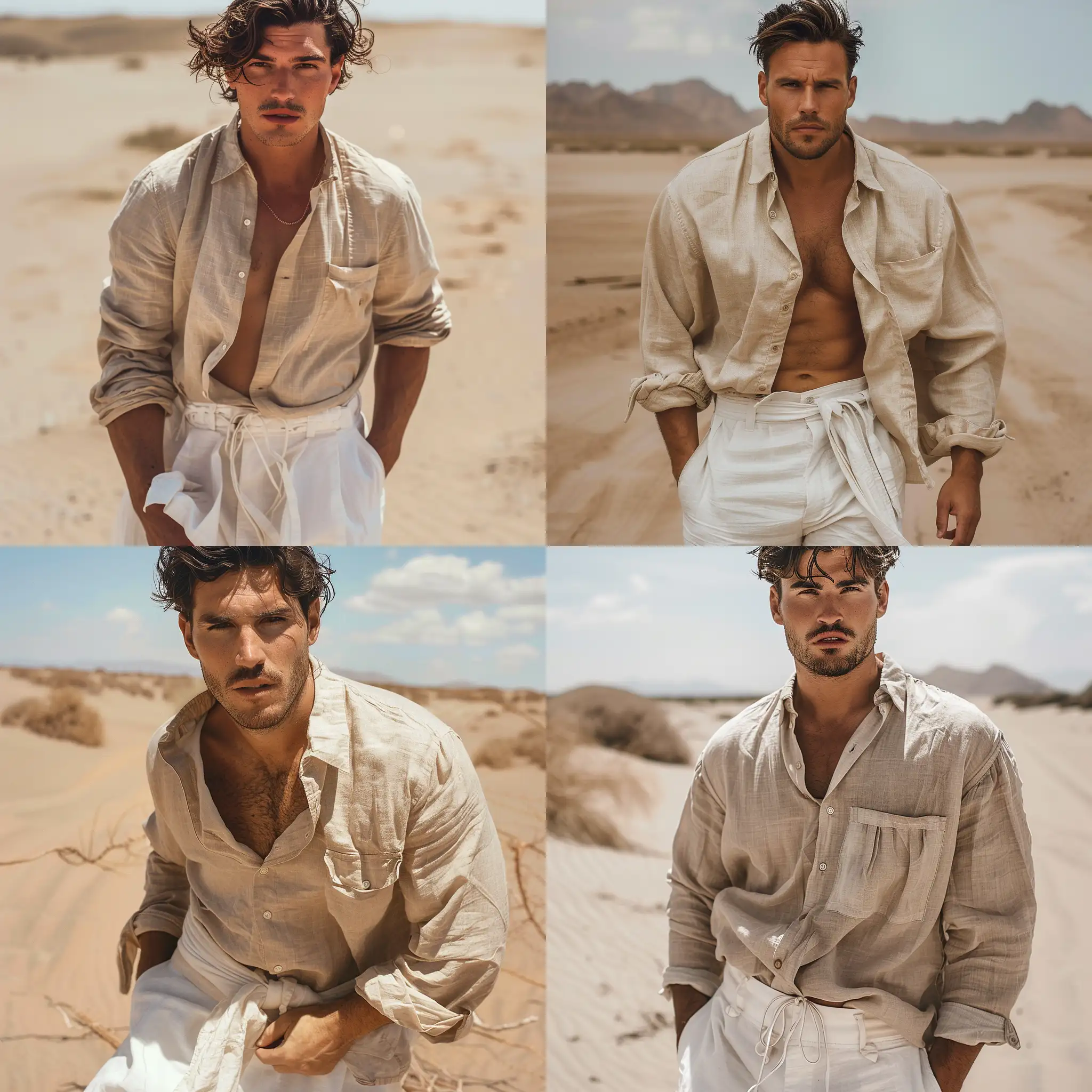 Cinematic, man in his 30s, beige linen oversized shirt, buttons open, white linen trousers, in a desert, looking into the camera, Captured in Nikon camera, the desert is empty