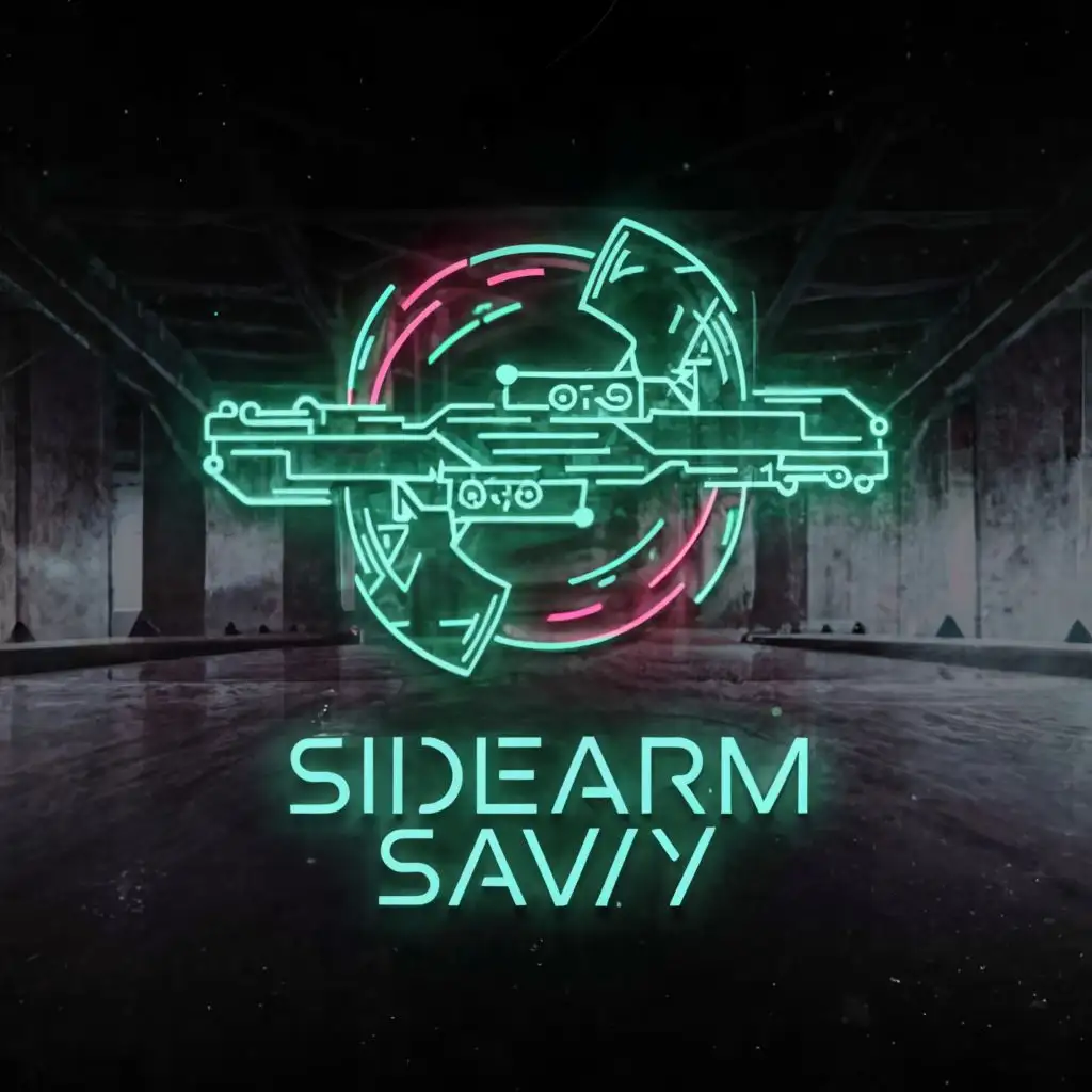 a logo design,with the text "Sidearm Savvy", main symbol:SS, smoke, metal, futuristic, minimalistic, neon, crimson and teal, pistols, correct spelling, neon letters, cyberpunk,Moderate,clear background