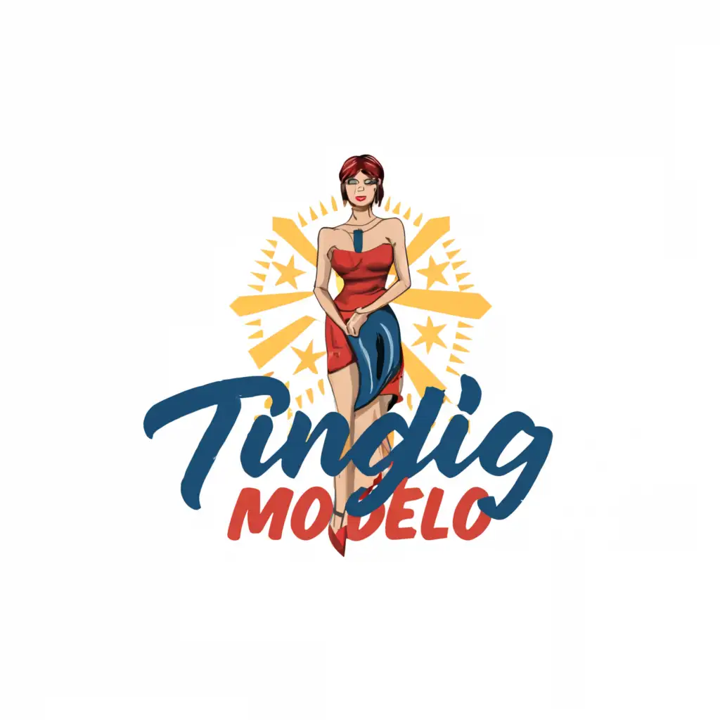 a logo design,with the text Tindig Modelo Philippines, main symbol:Model Standing, Philippine flag should be recognize, Moderate,be used in Beauty Spa industry, yellow background, and put a guy model also