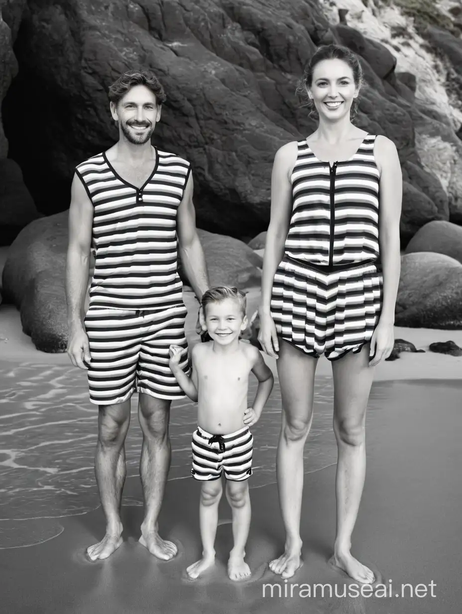 Victorian fashion, Confident Smiles, Caucasian couple male and female 35 years old, boy 7 years old, in swimsuit, on sea beach, looking straight to camera, color photograph