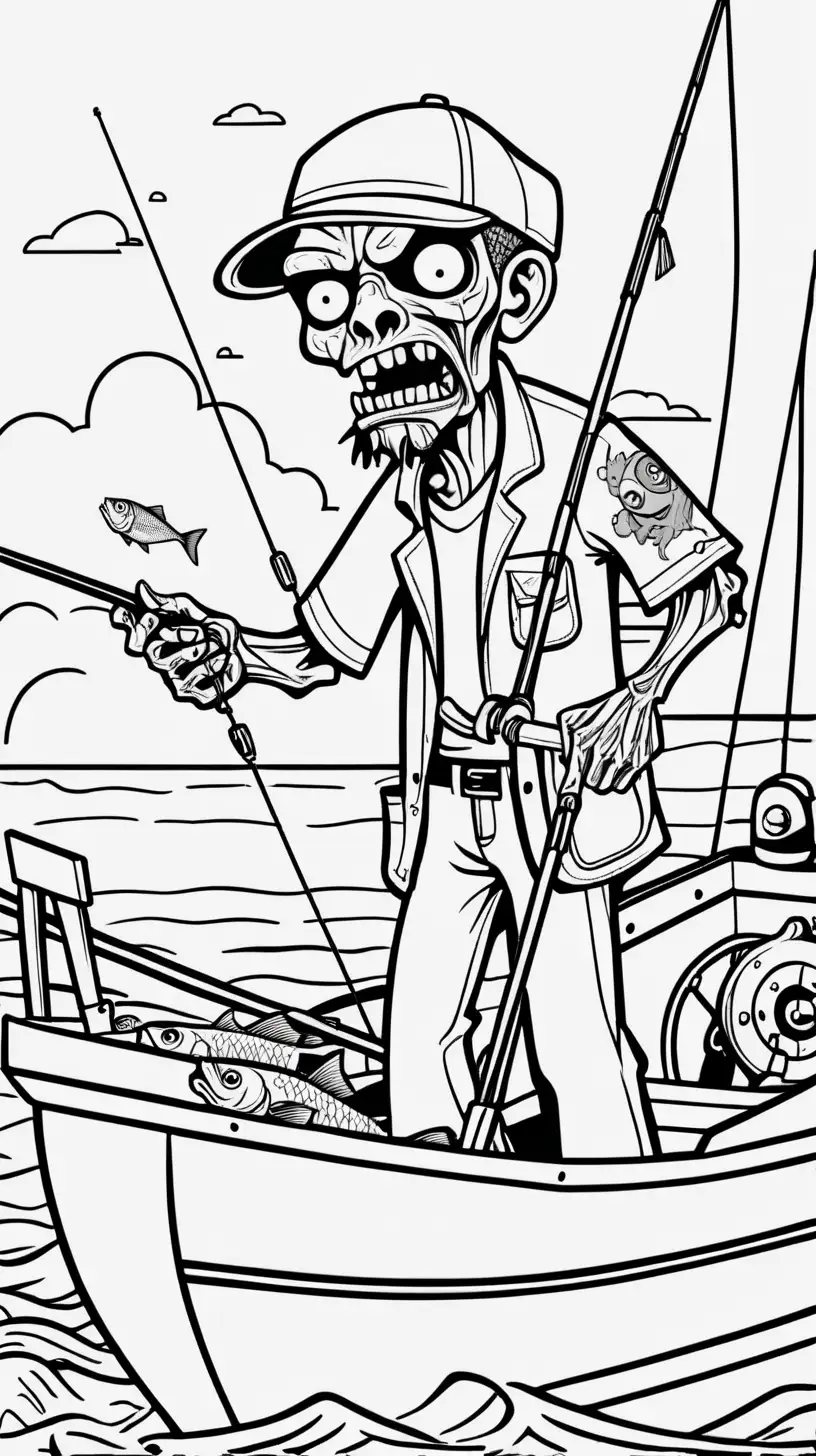 coloring bookimage, thick black line, friendly large head and black eyes zombie character who is fishing on a boat, epic sea background