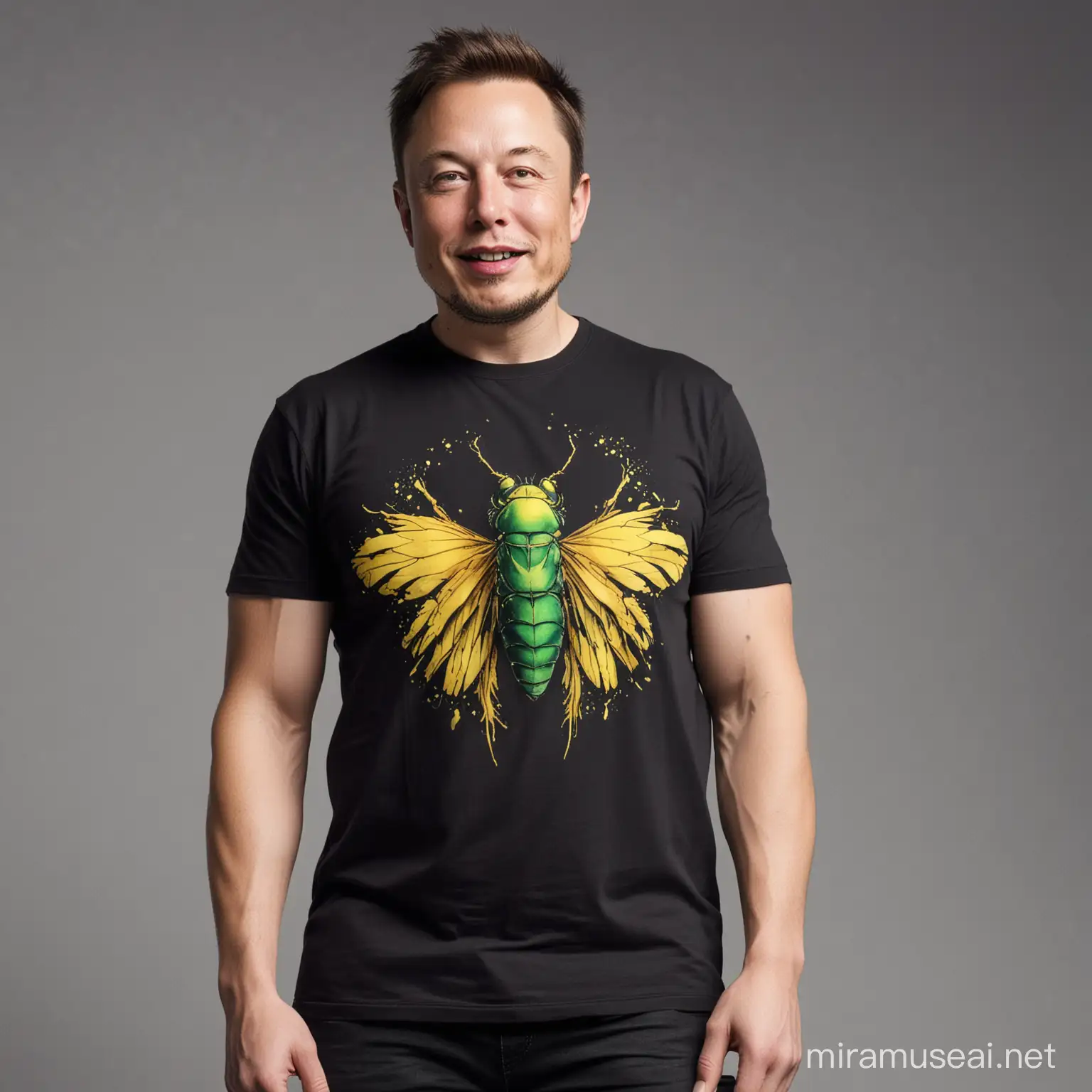 elon musk dressed in a t-shirt printed with a green and yellow fly