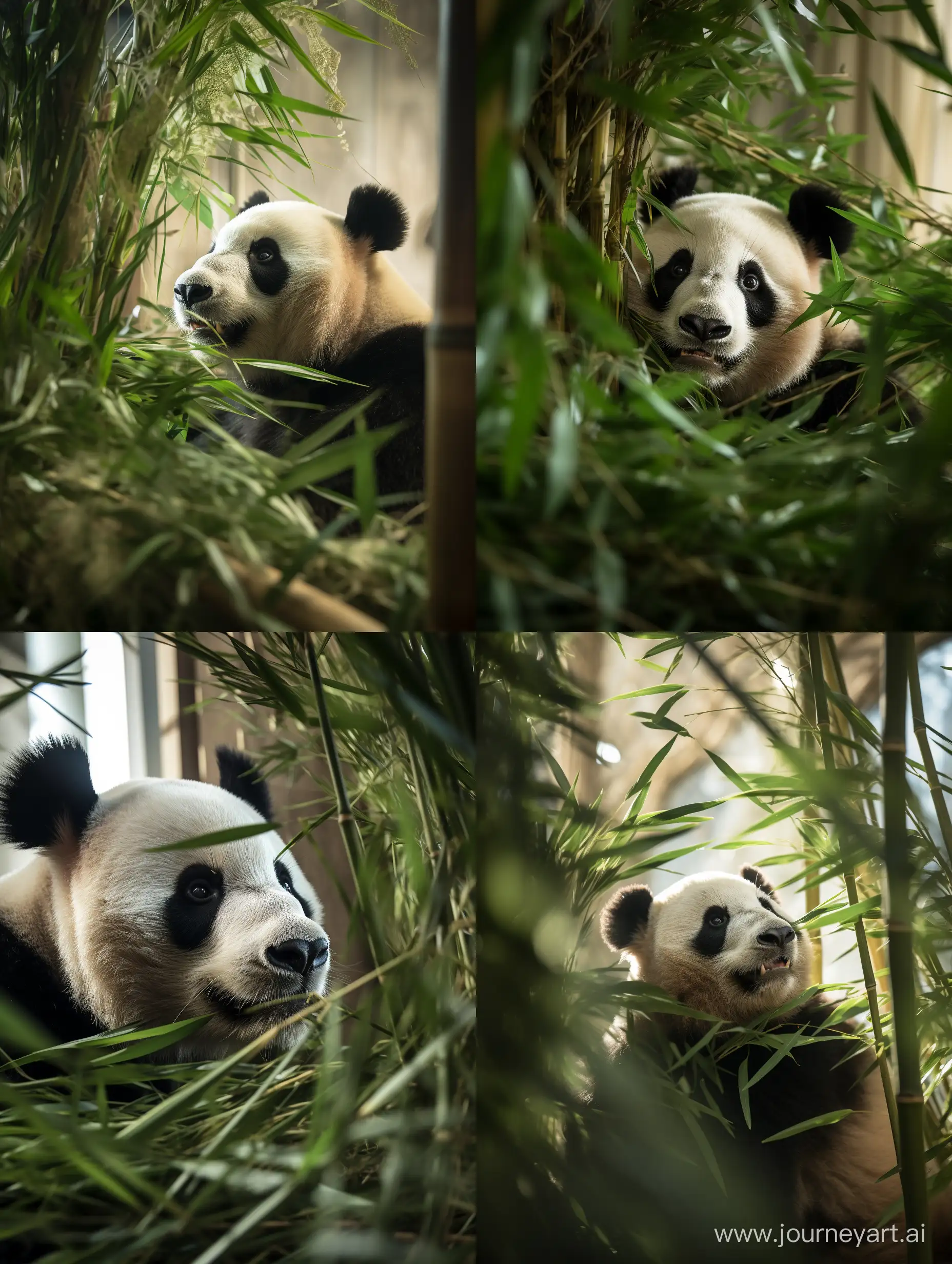 панда, professional photo, 15mm,f/2.8,1/500s, iso2000, bottom-up view, среди бамбука, праздничная атмосфера, высокая детализация, крупный план