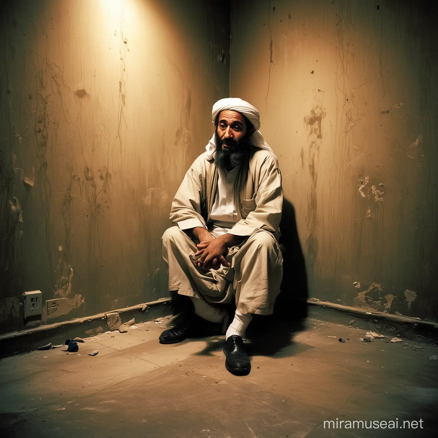 osama bin laden scared sittiing on the floor in the corner of the dark room