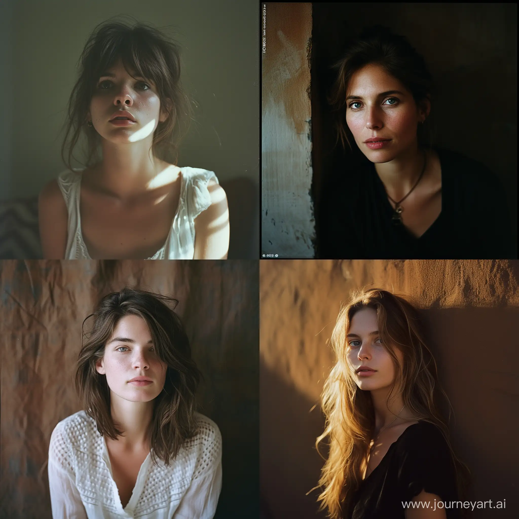 Intimate photographic portrait of stylish 30 years old french woman, in front of a brownish wall, messy hair, peaceful and relaxed expression, looking at camera, eye contact, summer gentle light, cinematic style, shot with Kodak Portra 160::2 ; in the style of Peter Lindbergh:: 2 --style raw