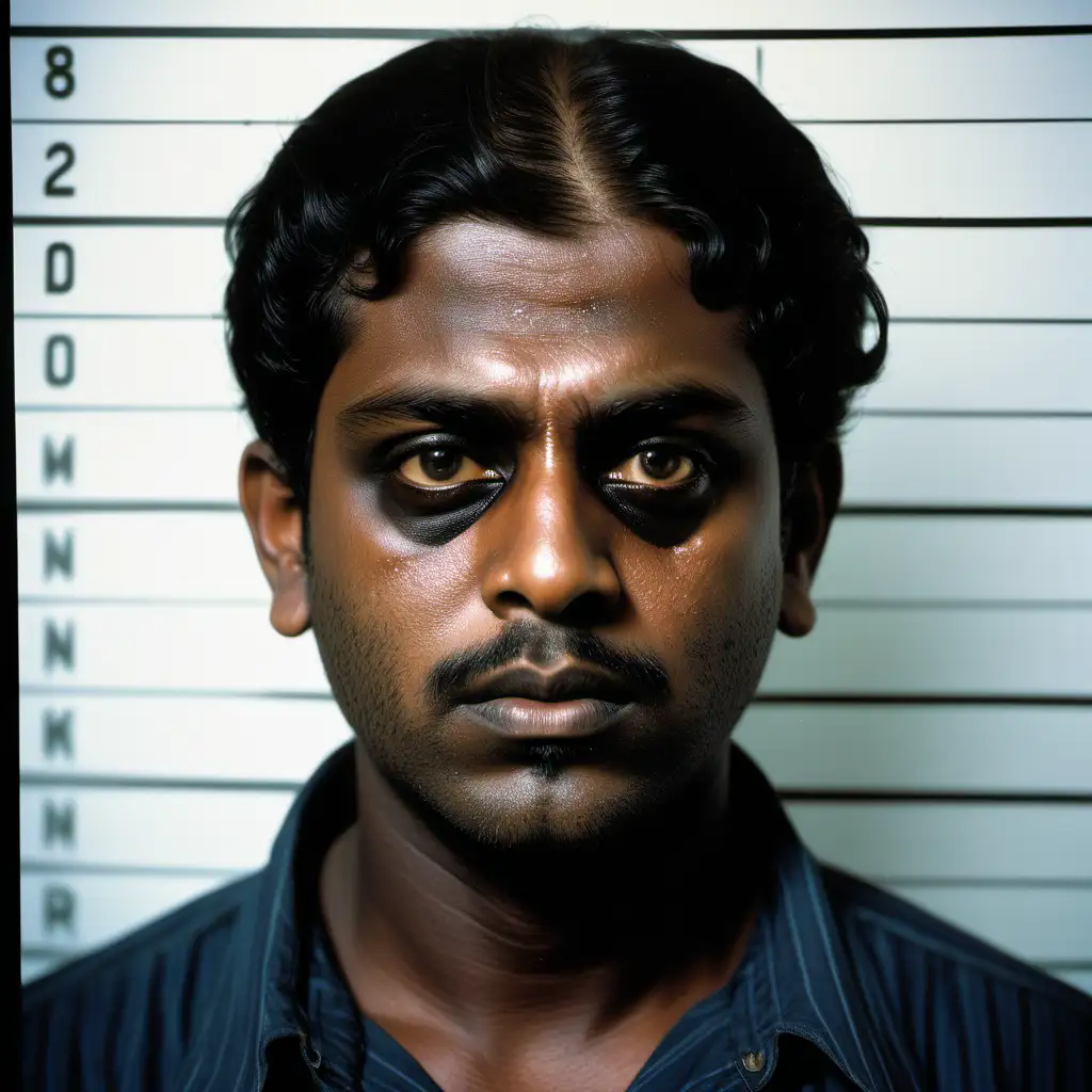Generate an ultra-realistic mugshot using Kodak 400 film of a dark-skinned individual who exudes a menacing and dangerous presence, resembling a character from South India. This person should have flawlessly smooth dark brown skin, adding an air of sophistication to their threatening demeanor.

The character's facial expression should convey a sense of cold-bloodedness and malice, with piercing eyes that seem to look straight through the viewer. Their features should be sharp and distinct, emphasizing their dangerous nature.

The use of Kodak 400 film should bring out the fine details and textures in the image, enhancing the hyper-realistic quality of the mugshot. This portrayal should capture the essence of a formidable and ominous individual with South Indian heritage, as if taken during a critical moment of their criminal journey.

