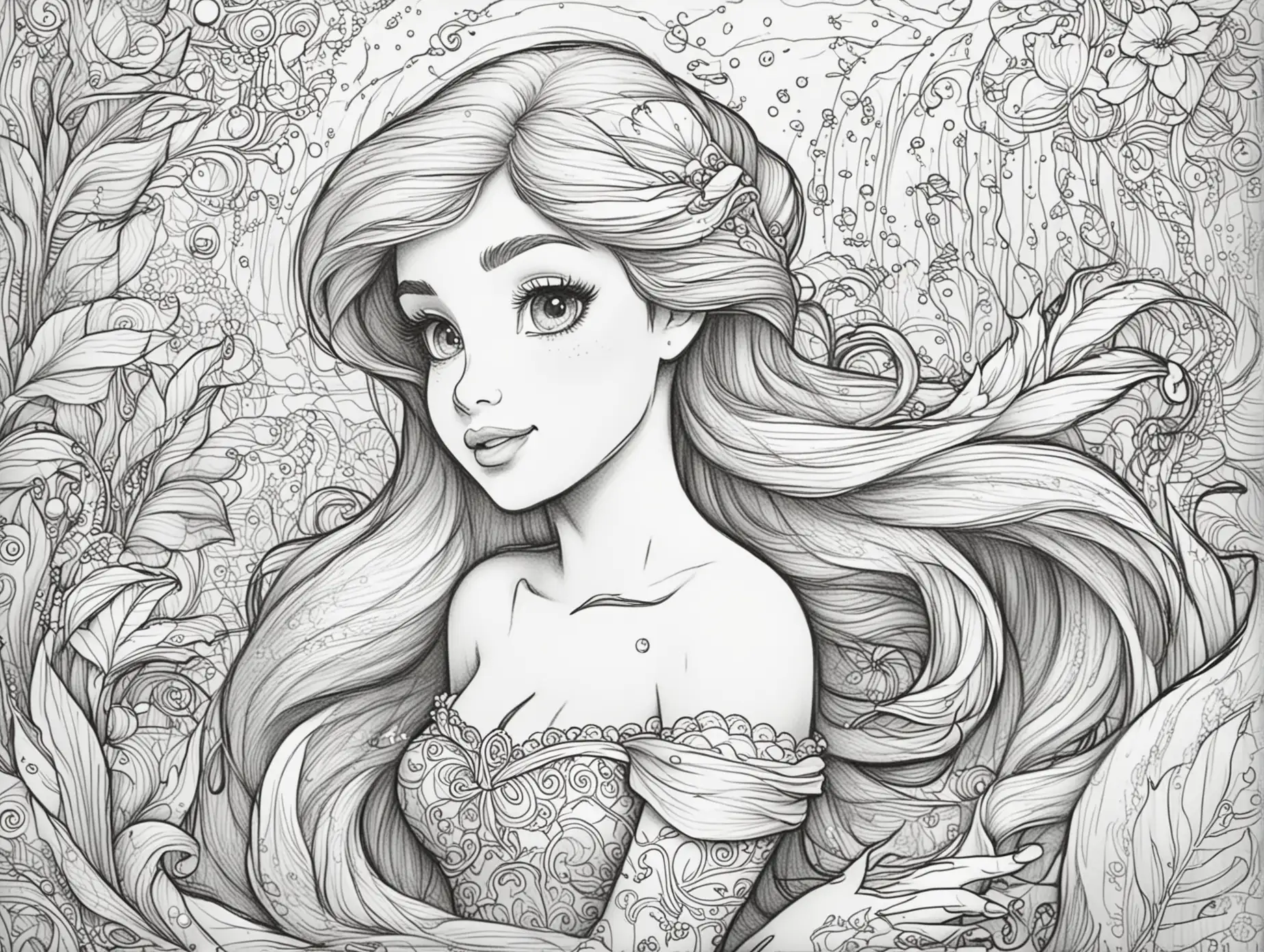line art, serene pattern with Disney Ariel, no fill, no solid, clean coloring page