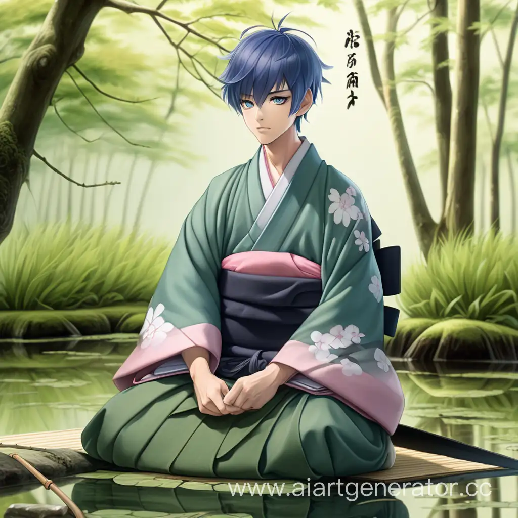 Guy with short blue hair and grey-pink eyes. Ultimate Tea Ceremony Member. Wears hakama in swamp-green and white colors