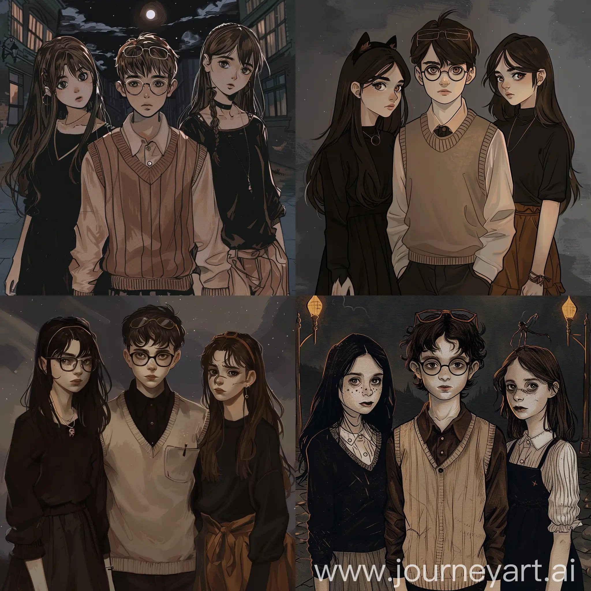 three teenagers, one boy in the middle with brown hair and glasses on his head with brown beige sweater vest, one girl with long dark hair and black outfit, and another girl with short brown hair with comfy clothes, drawing, night theme, dark theme, scary, horror