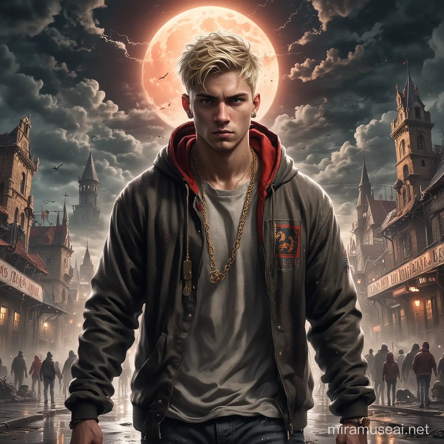 Blond Male Survivor Amidst Zombie Apocalypse with Approaching Storm
