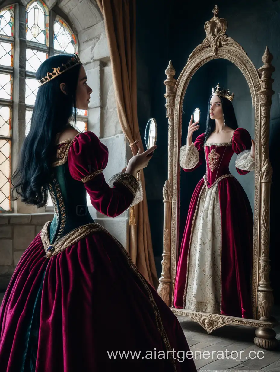 Medieval-Queen-with-Mirror-Contemplating-Fairest-of-Them-All