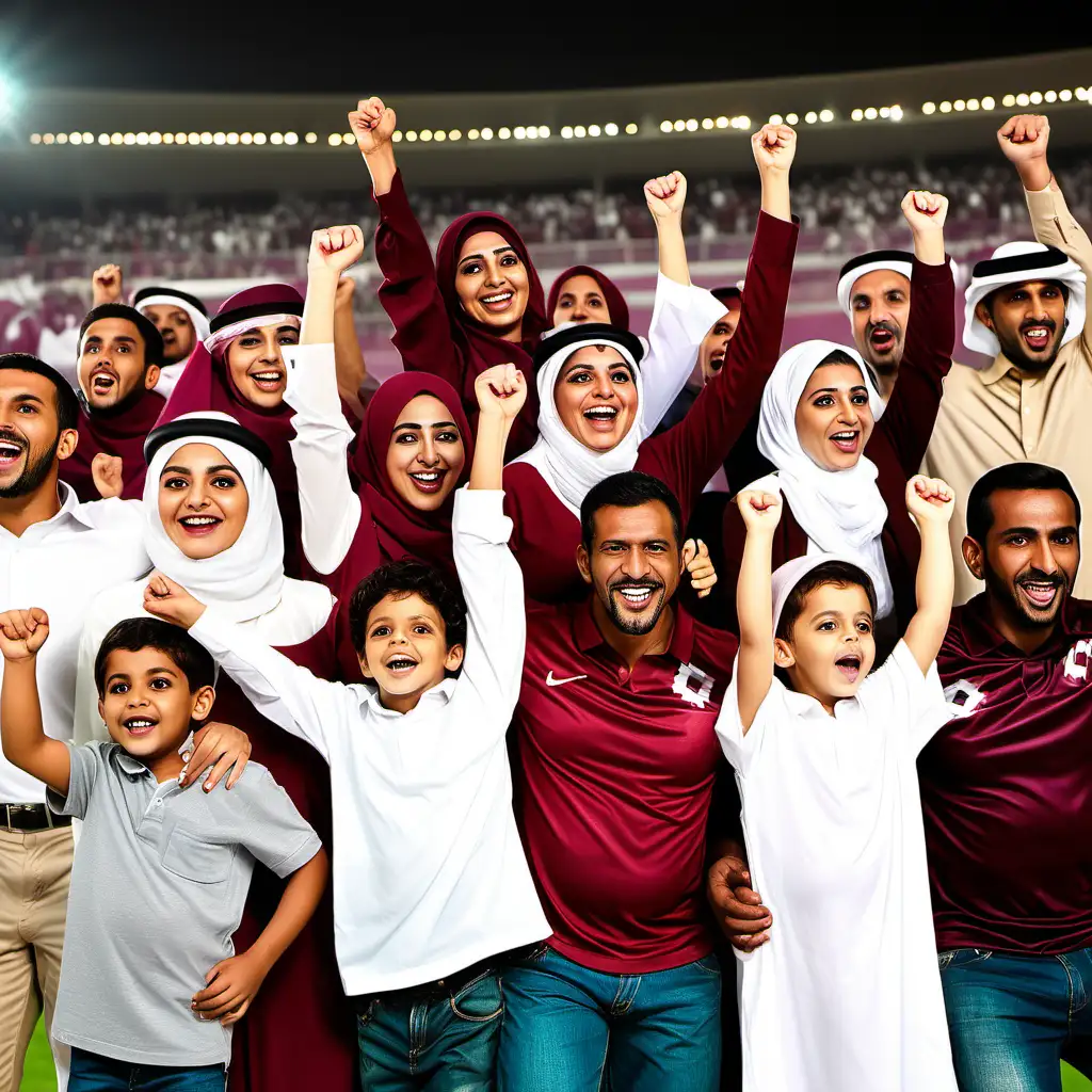 QATARI, FAMILY, FOOTBALL FANS
MOTHER, FATHER, CHILDREN, UNCLES AND AUNTIES CHEERING HAPILY IN A STADIUM
