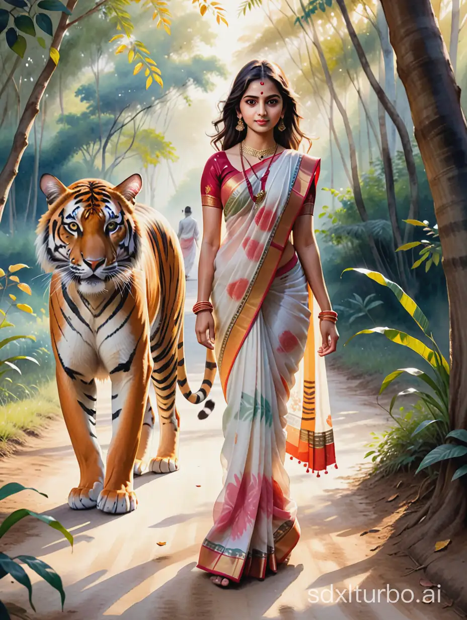 Hyper-detailed watercolor image of a young beautiful and elegant Indian maiden adorned in traditional saree walking gracefully towards the front camera petting a majestic Bengal tiger. Background a beautiful mystical landscape of forest and natural lighting of the afternoon sun.