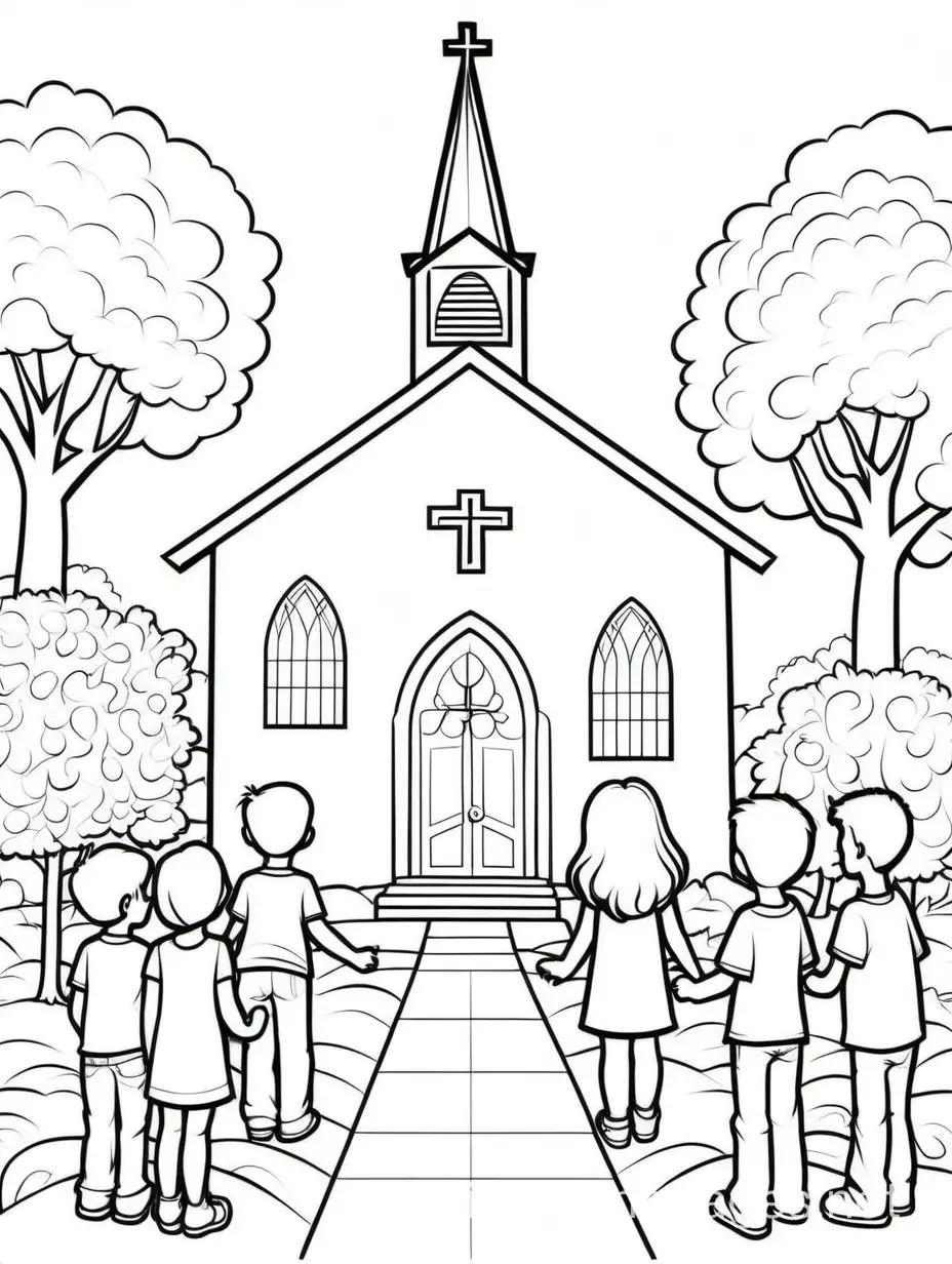 CHURCH FELLOWSHIP, Coloring Page, black and white, line art, white background, Simplicity, Ample White Space. The background of the coloring page is plain white to make it easy for young children to color within the lines. The outlines of all the subjects are easy to distinguish, making it simple for kids to color without too much difficulty