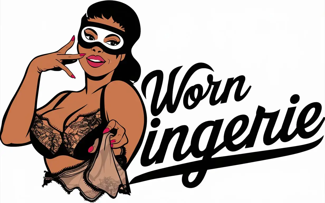Create a logo for a curvy black woman who sells used and worn lingerie. Put a mask on her face