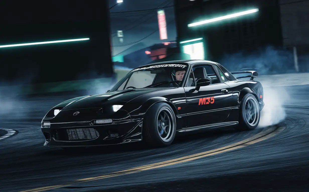 Nighttime Drifting 1980s Black Mazda MX5 in Action