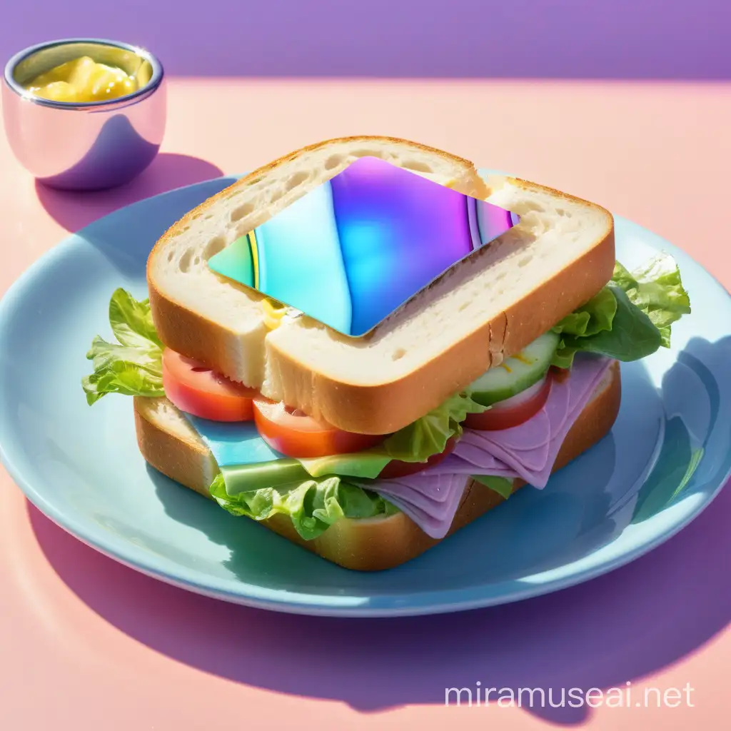 Produce a picture of a shiny iridescent sandwich 